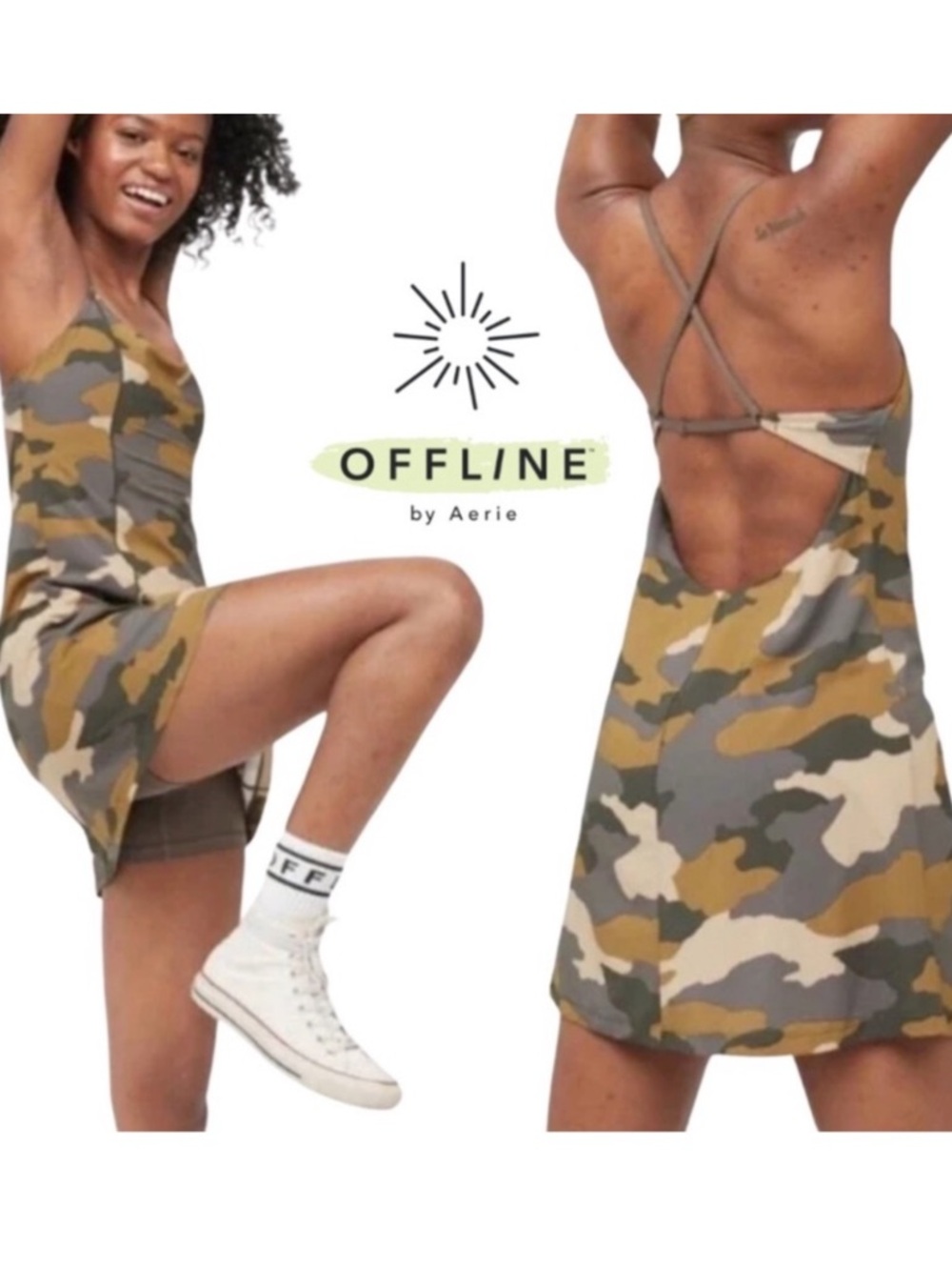 Offline by Aerie Women's Camo Dress - Olive Camo Built in Shorts